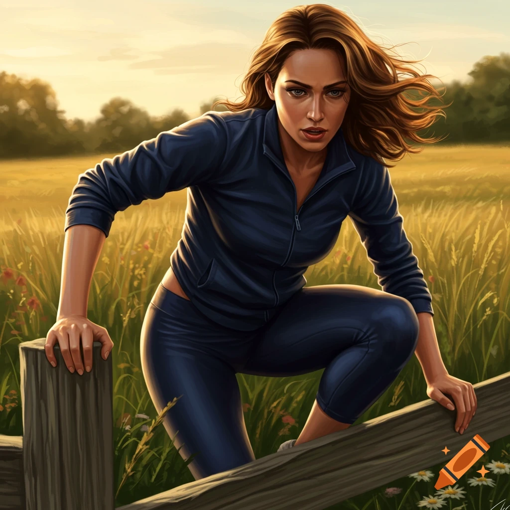 A realistic digital painting of a woman in a dark blue tracksuit climbing over a wooden fence in a golden field at sunset.