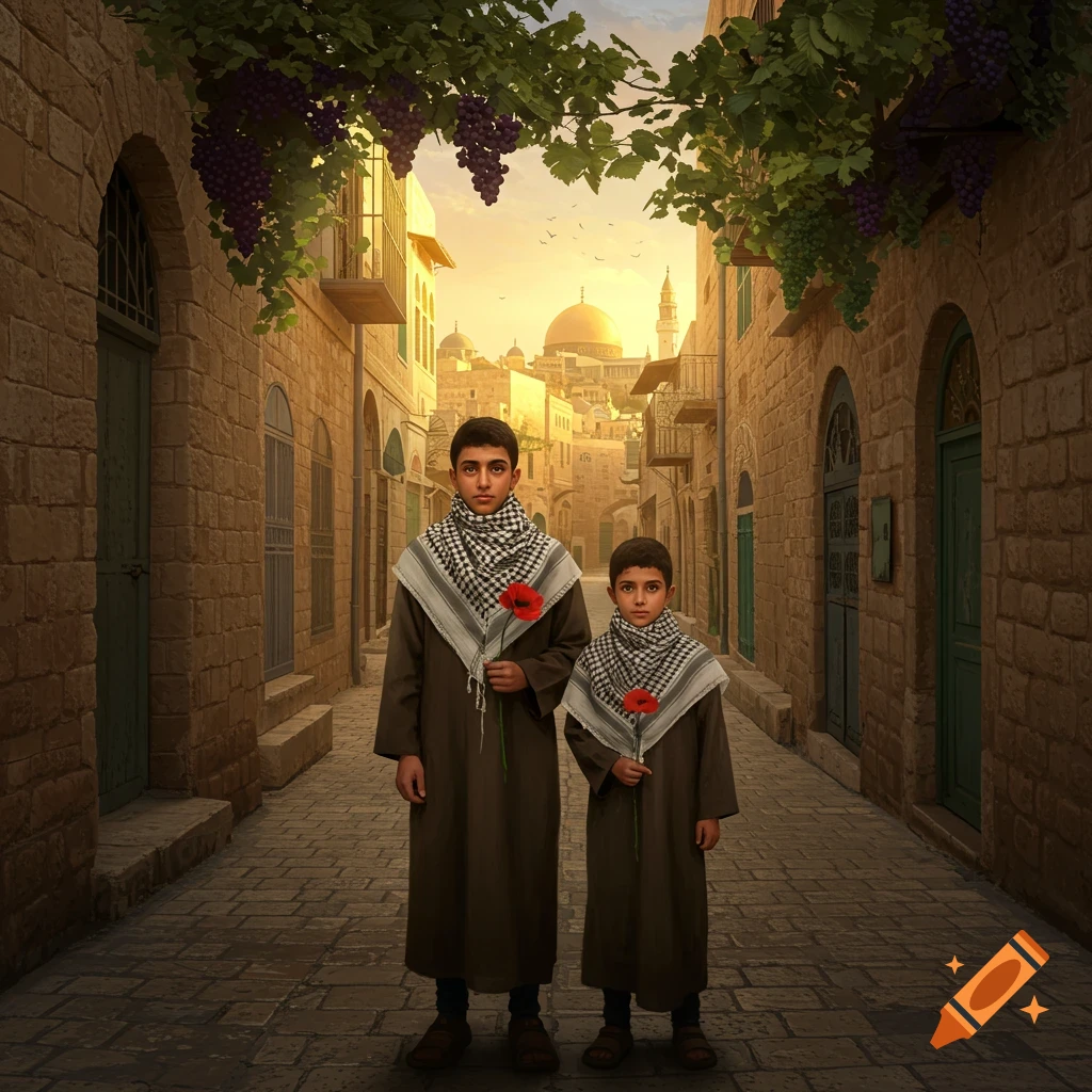 Two boys in traditional keffiyeh scarves hold red flowers on a stone street with an old city and golden dome at sunset.
