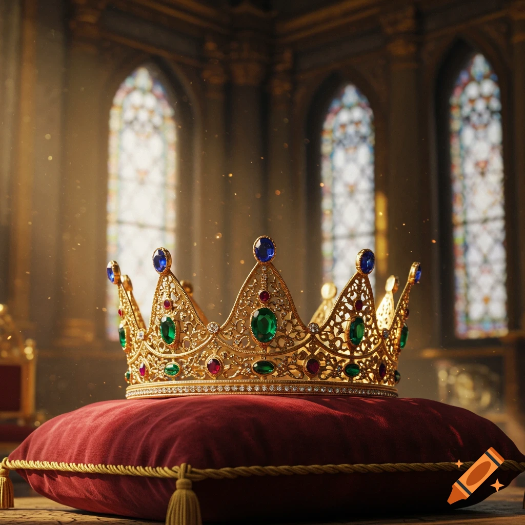 An ornate gold crown adorned with emeralds, rubies, and sapphires on a red velvet cushion, in a grand, sunlit hall with stained-glass windows.