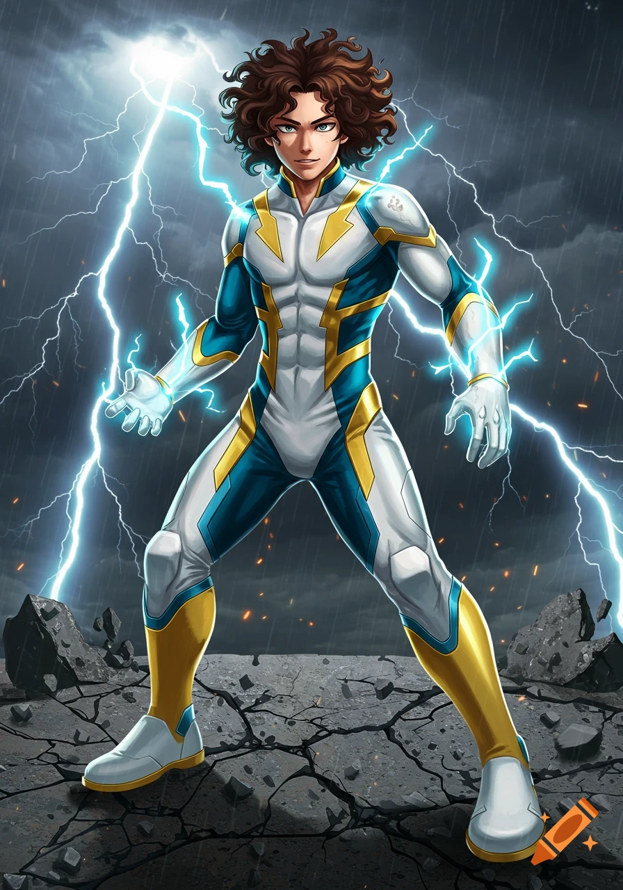 A male hero with brown curly hair and a white, blue, and gold lightning-themed battle suit stands with glowing hands against a stormy sky.