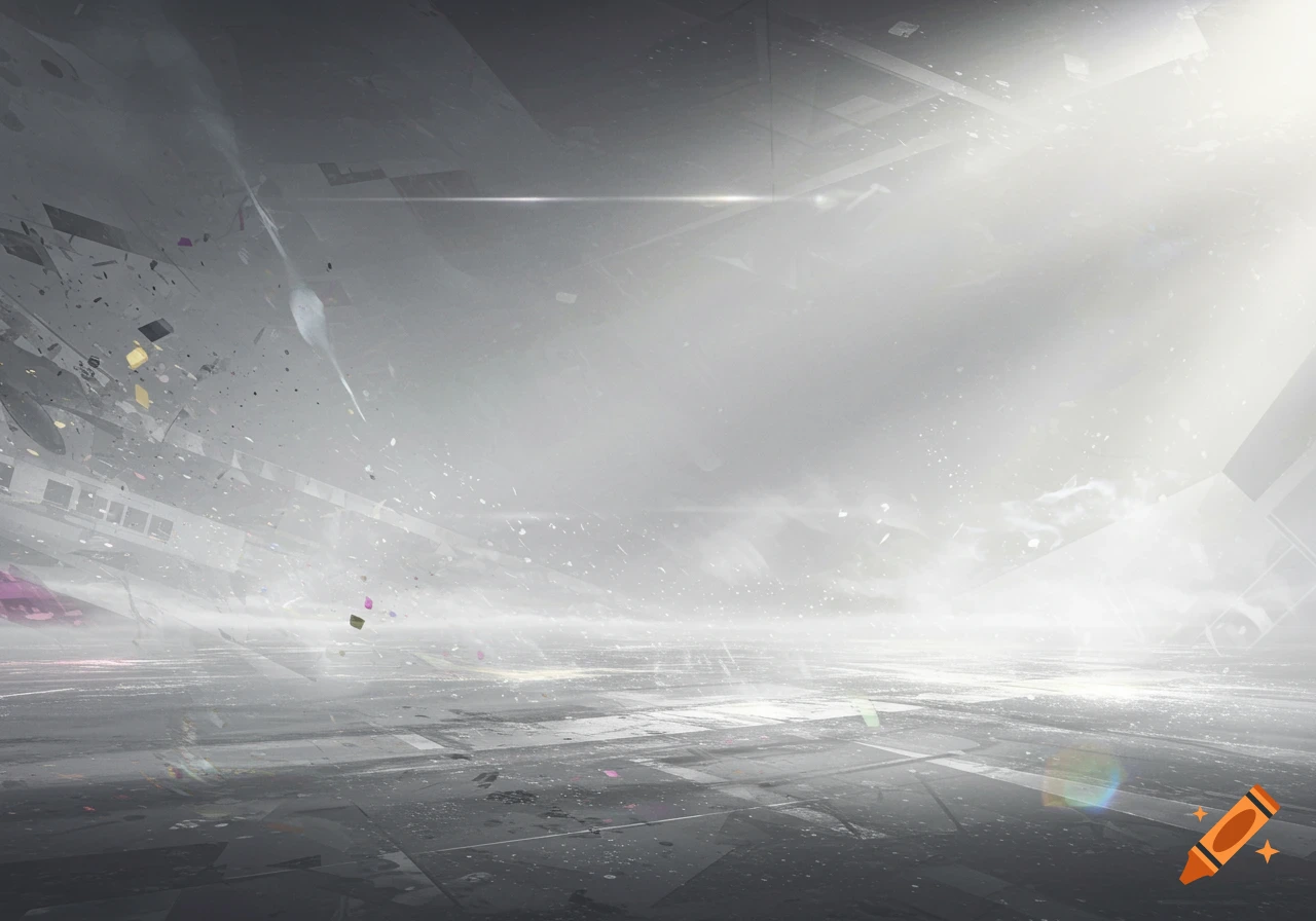 Abstract grey and white hazy landscape with light flares and scattered colorful fragments, digital art style.