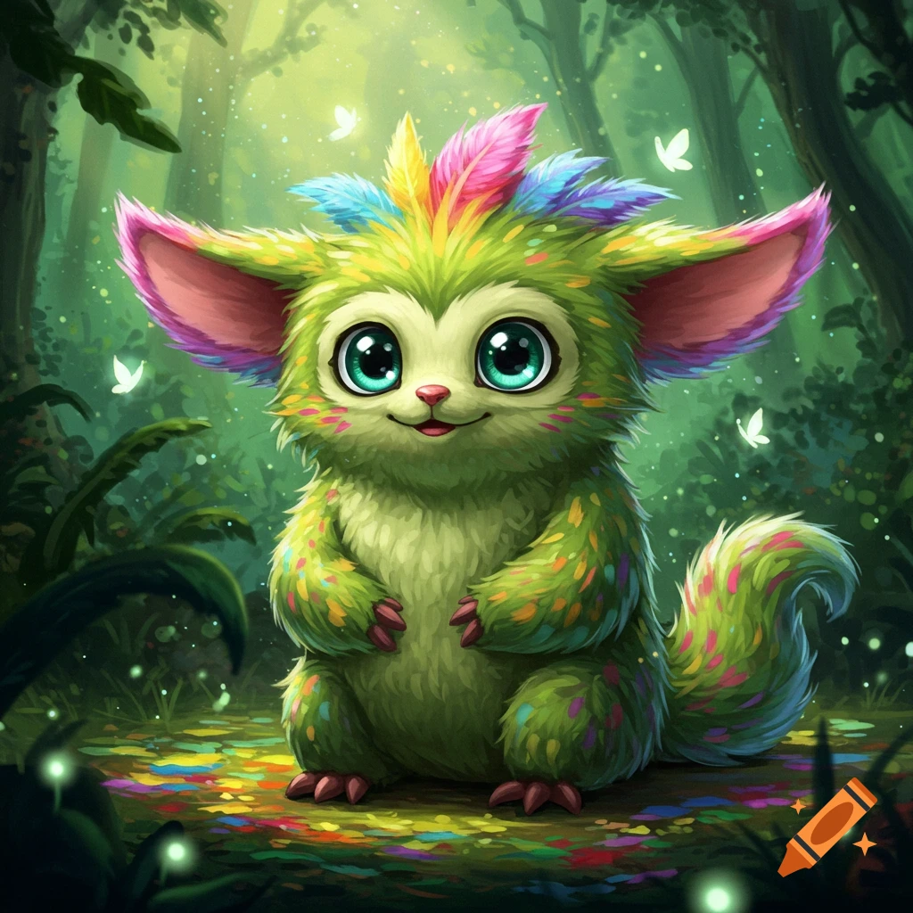 A cute green furry creature with large eyes, pink ears, and colorful feathers on its head and tail sits in a glowing forest.
