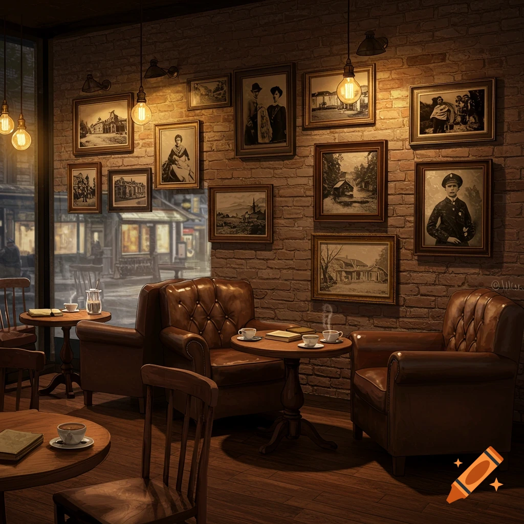 Cozy, dimly lit cafe interior with leather armchairs, small tables, and an array of framed vintage pictures on a brick wall. Photorealistic style.