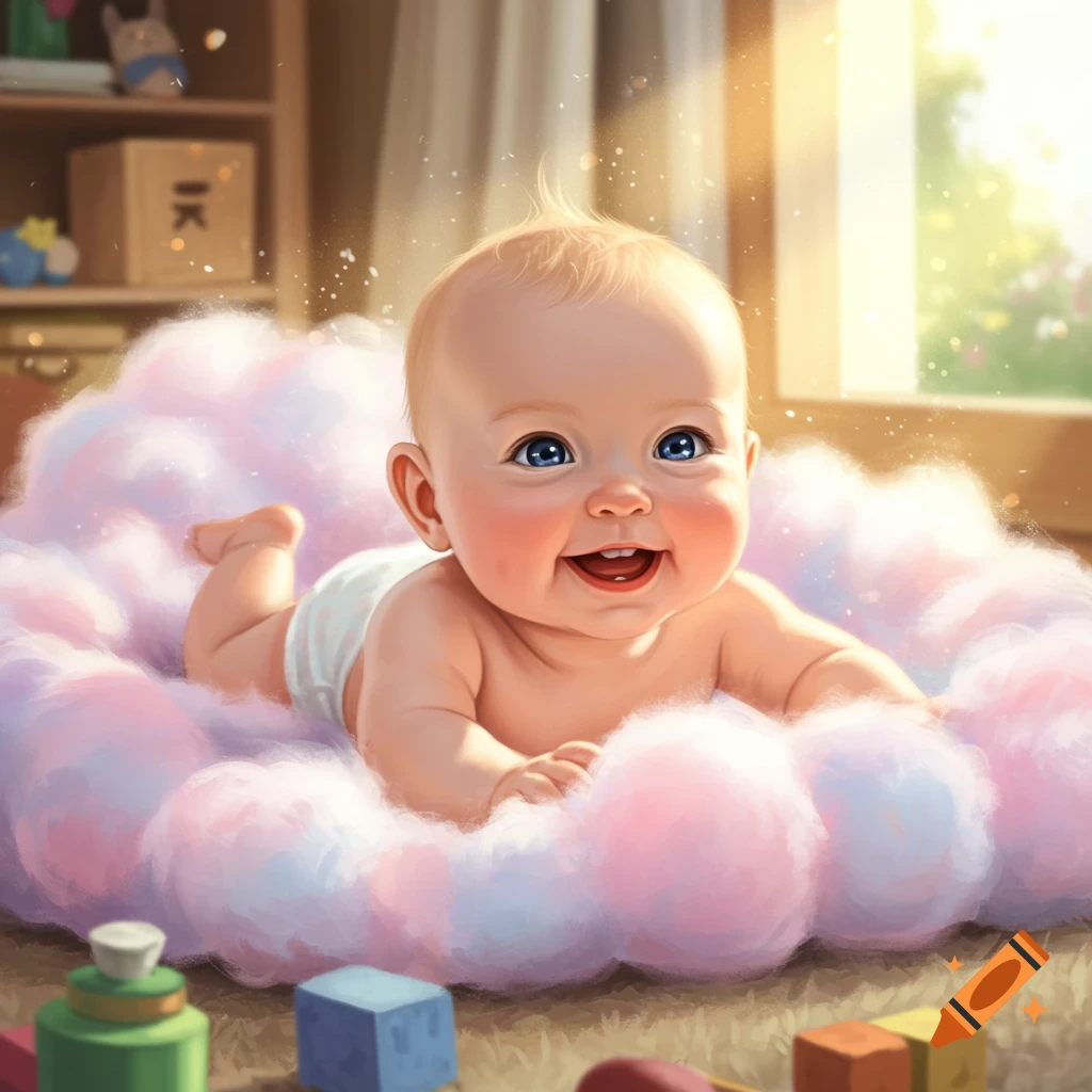 A joyful baby with blue eyes smiles brightly, lying on its stomach in a soft pink and blue cloud-like bed.
