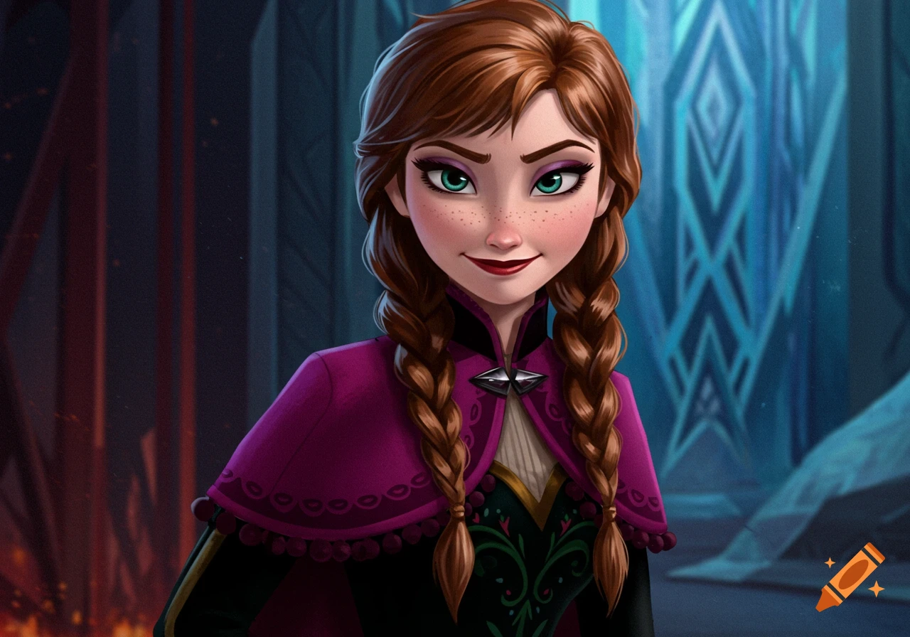 Close-up of Anna from Frozen, with brown braids, green eyes, freckles, and a knowing smile, wearing a purple cape and green dress against a dark, icy background in a Disney-inspired digital art style.