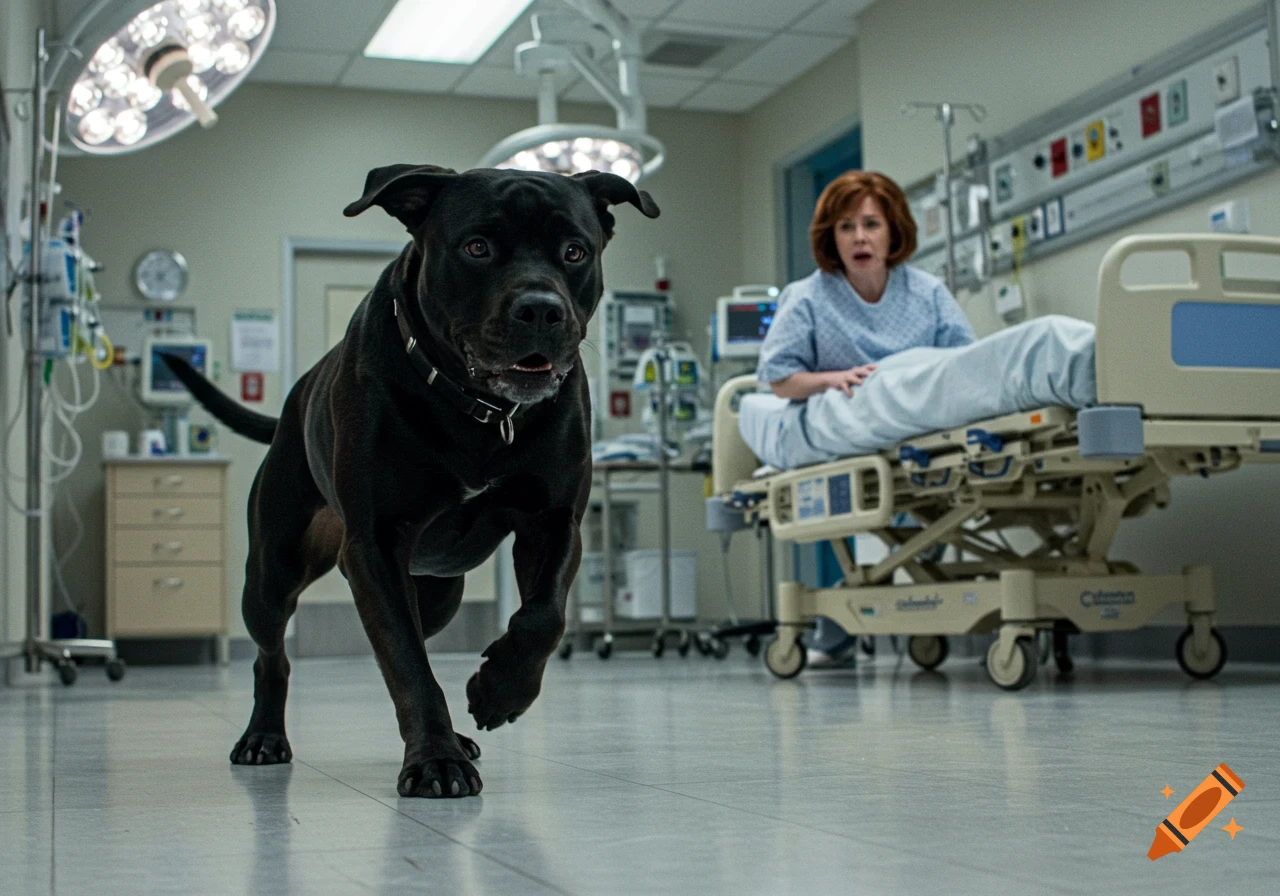 A large black dog runs through a brightly lit hospital room towards a frightened woman sitting on a bed.