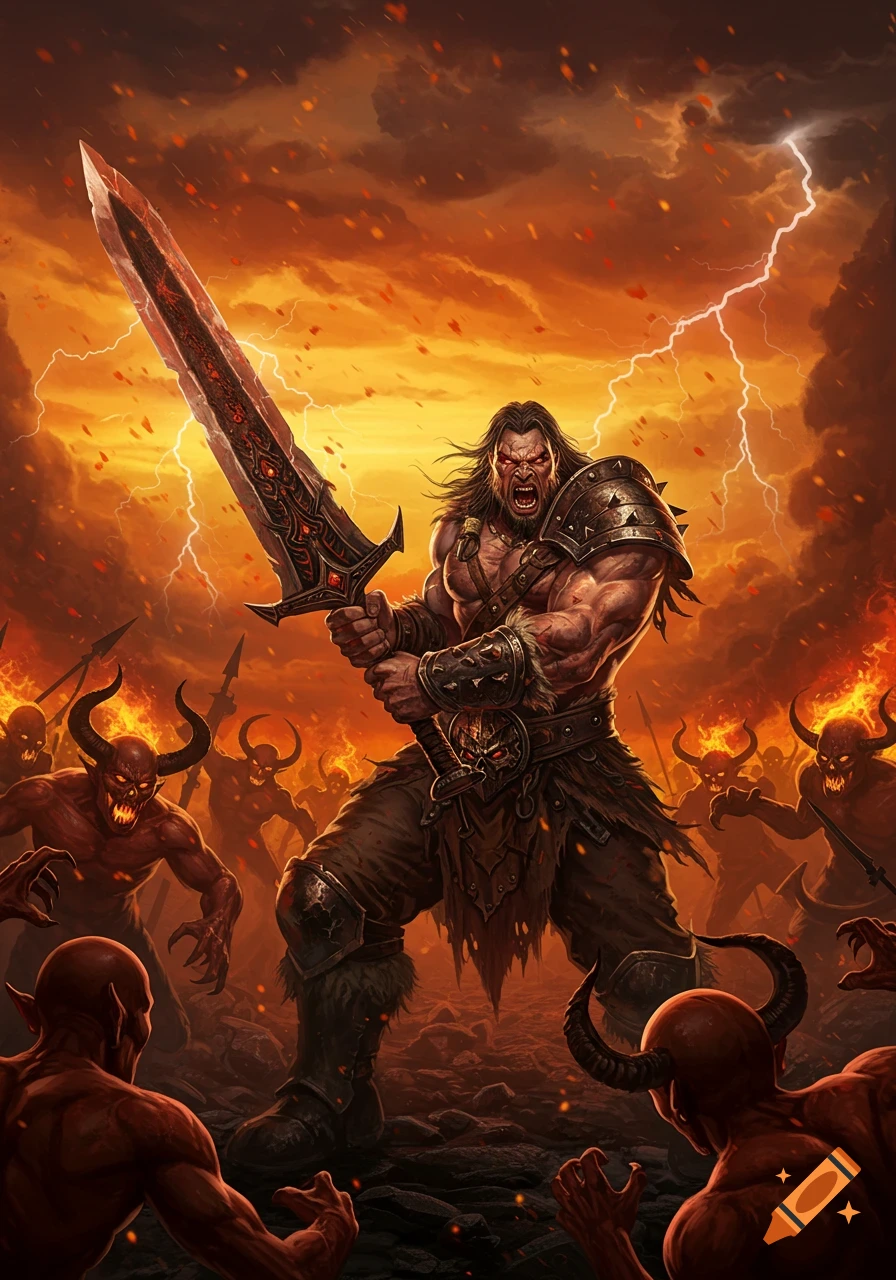 Muscular barbarian warrior with a large sword battling a horde of red demons in a fiery, lightning-filled hellscape.