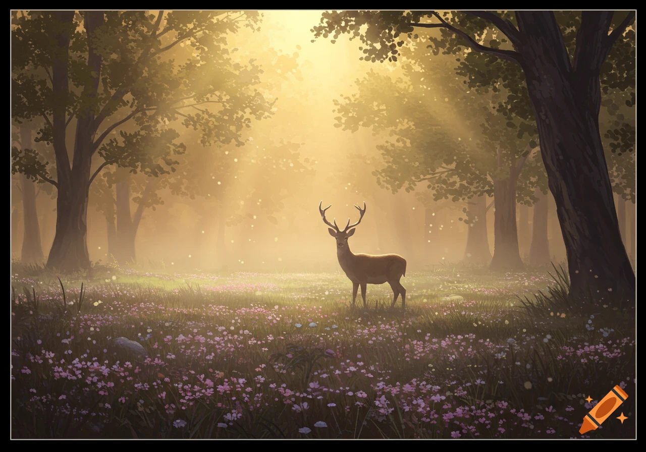 A majestic deer stands in a sunlit forest clearing with purple wildflowers, light rays filter through trees. Illustration.