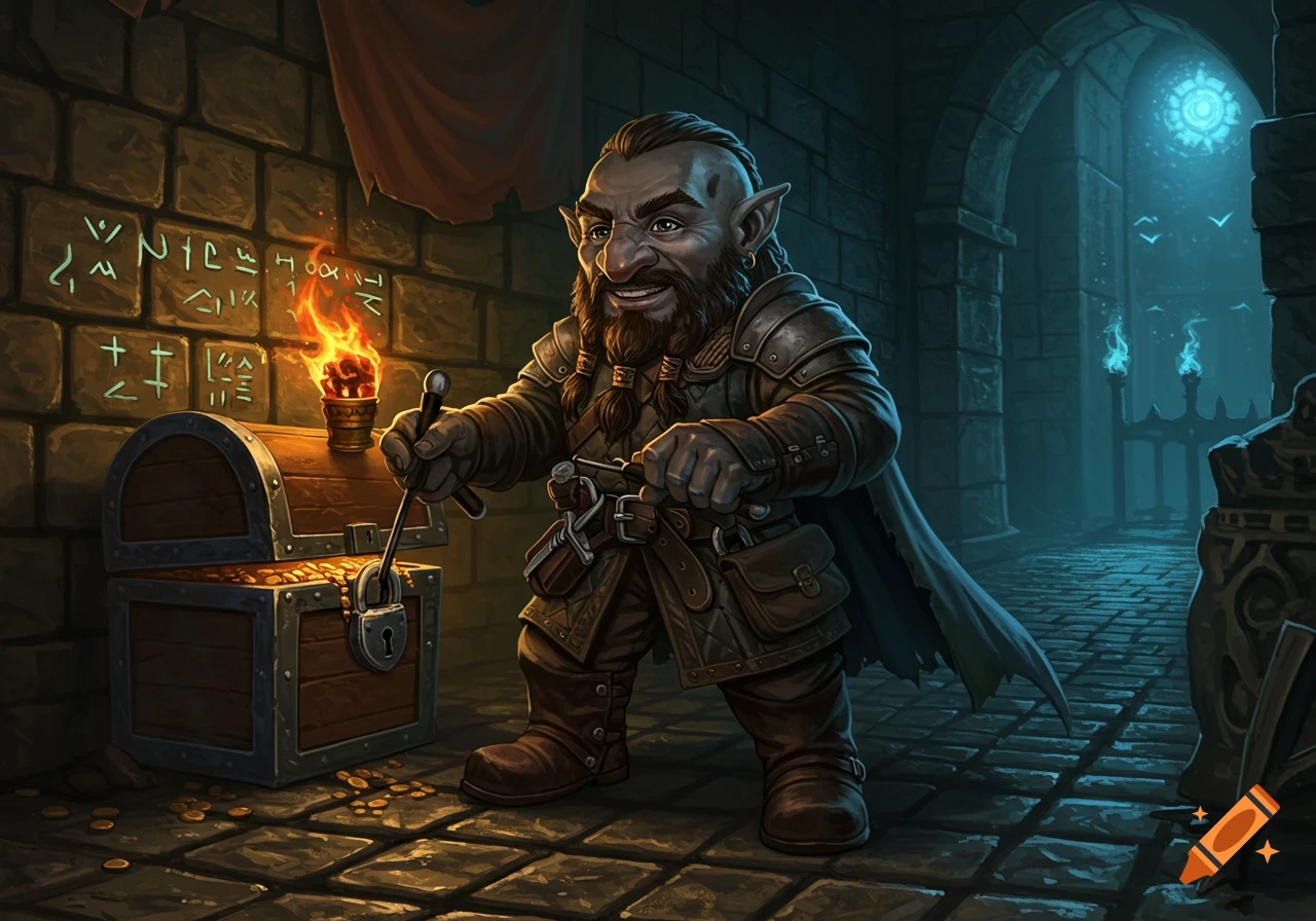 A bearded fantasy gnome or dwarf rogue smiles while picking the lock on a treasure chest filled with gold in a dark stone dungeon.