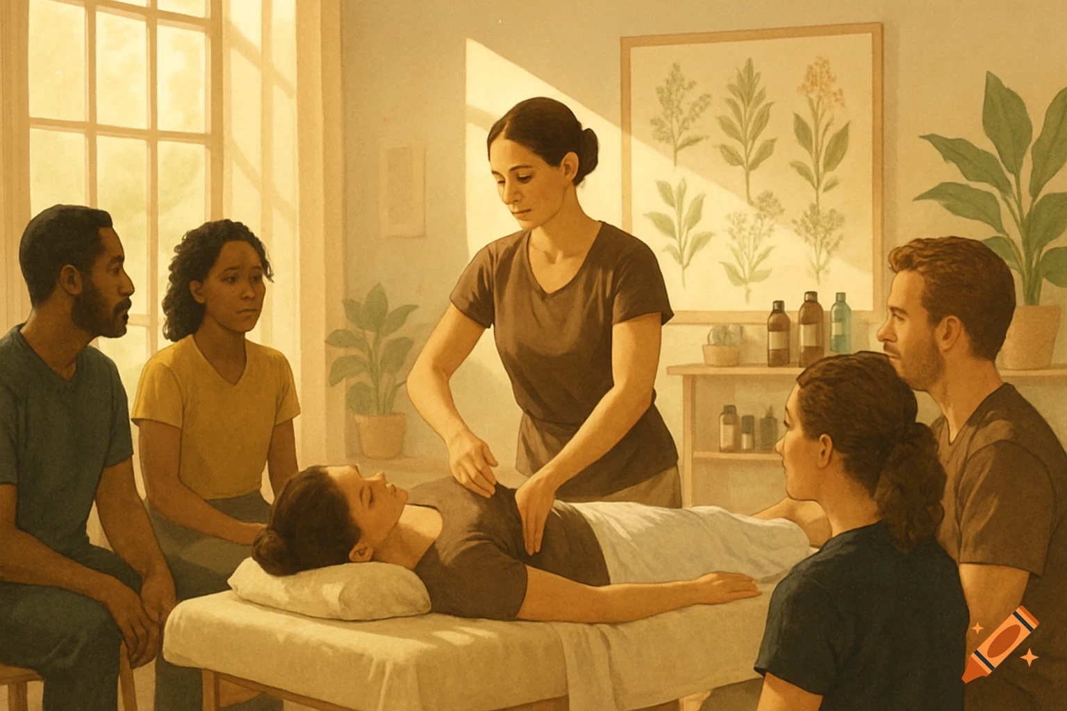 An illustrative scene of a massage therapist demonstrating on a client while a group of students observe in a brightly lit room.