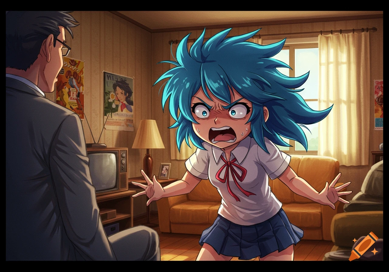 Angry blue-haired anime girl in a school uniform screams at a man in a living room, in an early 2010s anime style.