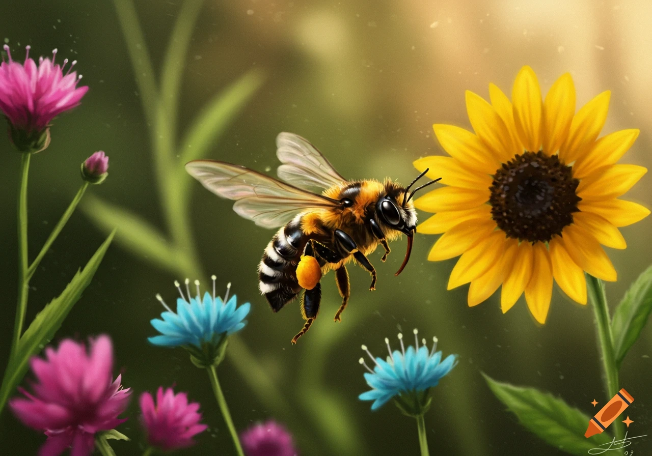A furry bee with pollen on its leg hovers near a bright yellow sunflower and other colorful pink and blue flowers in a lush, soft-focus garden.