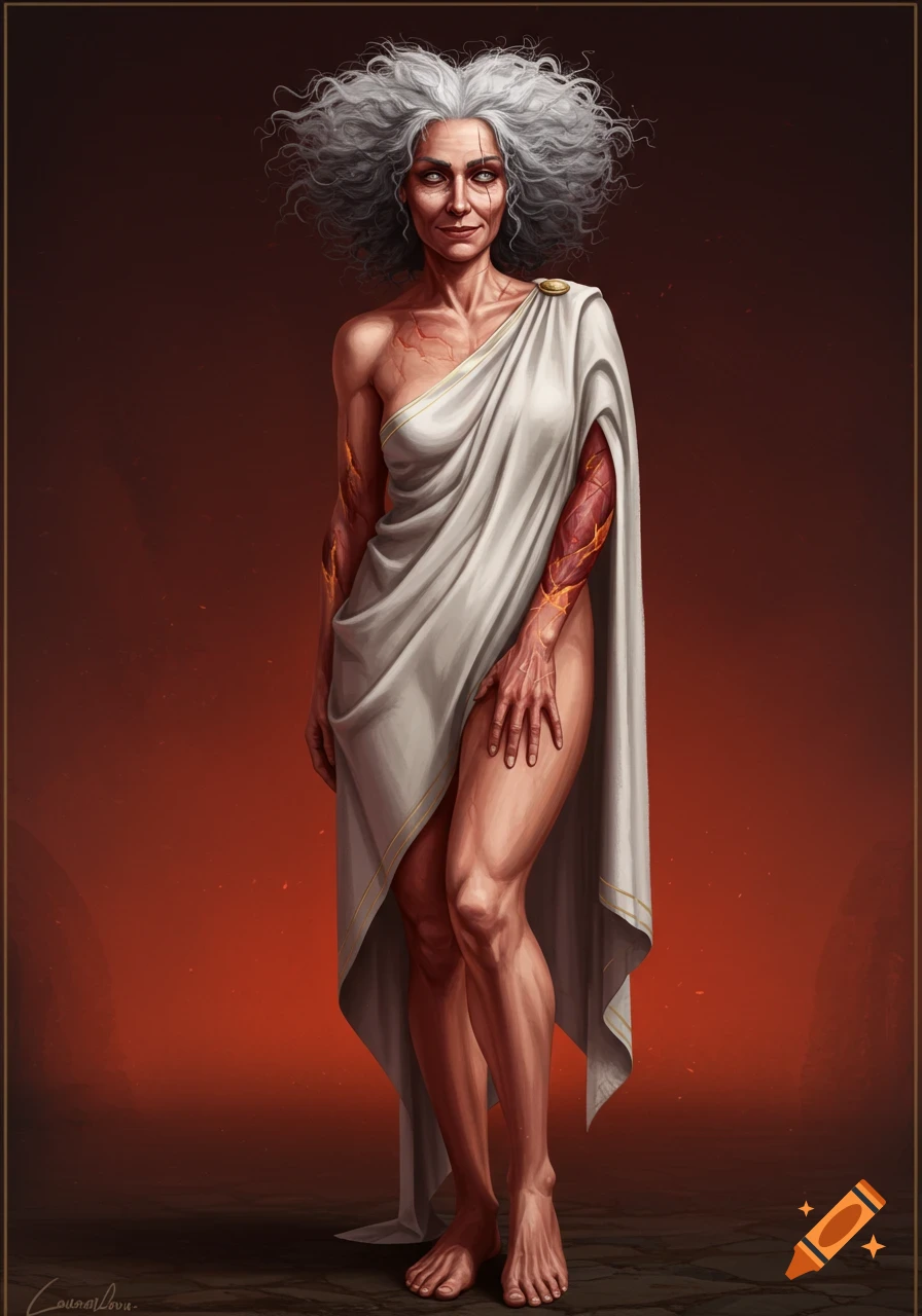 An aged woman with wild white hair, a scar, and burnt skin, wearing a white toga, stands regally.