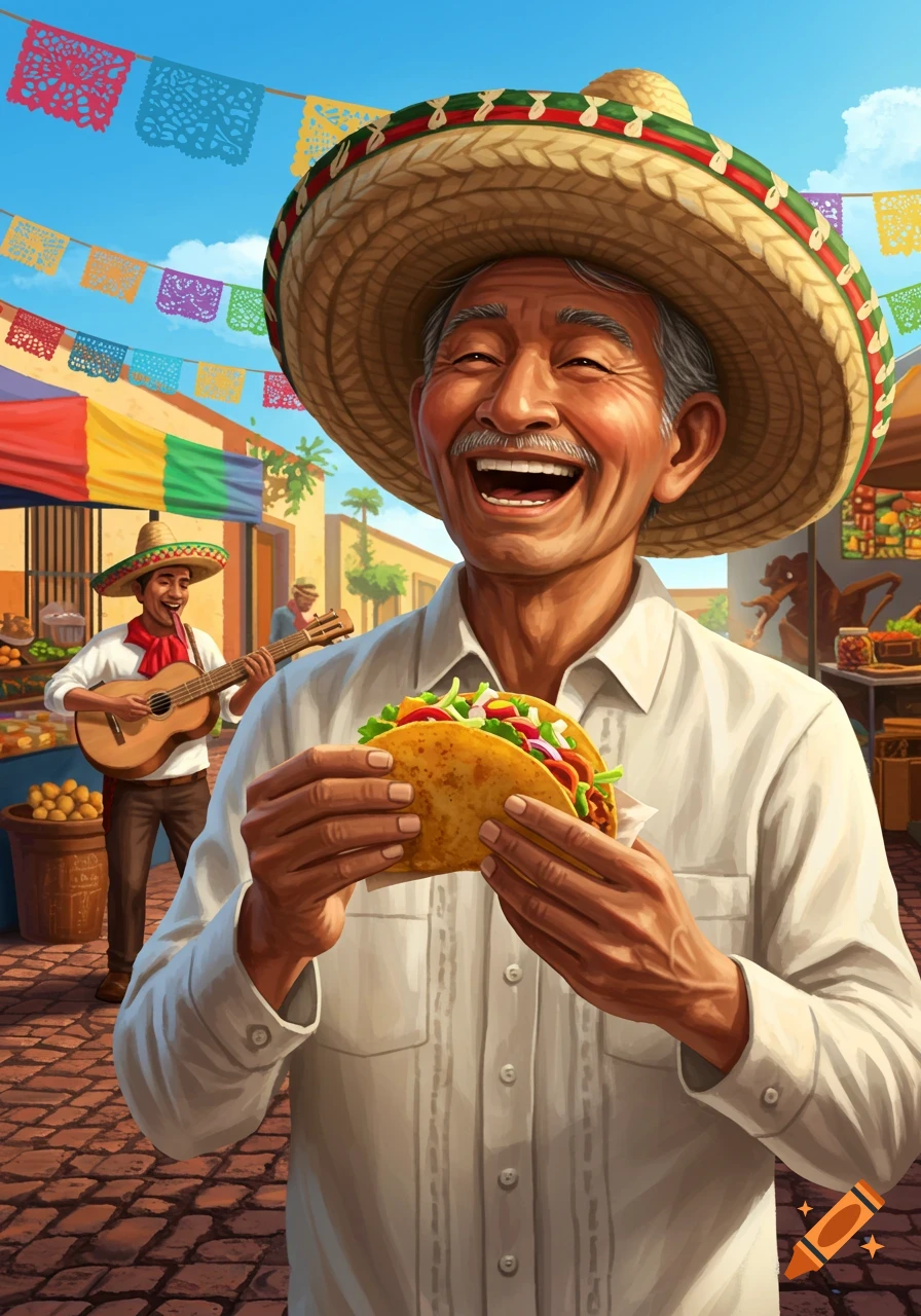 A happy Mexican man in a sombrero laughs while eating a taco in a vibrant market scene, with a guitarist in the background. Digital illustration.