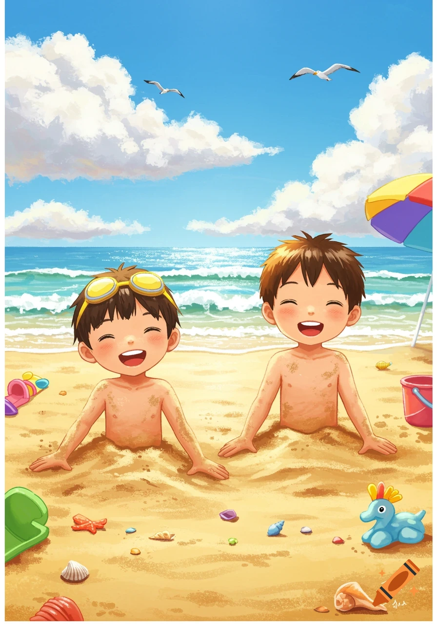 Two smiling cartoon boys buried up to their chests in sand on a sunny beach, with ocean waves and a colorful umbrella in the background.