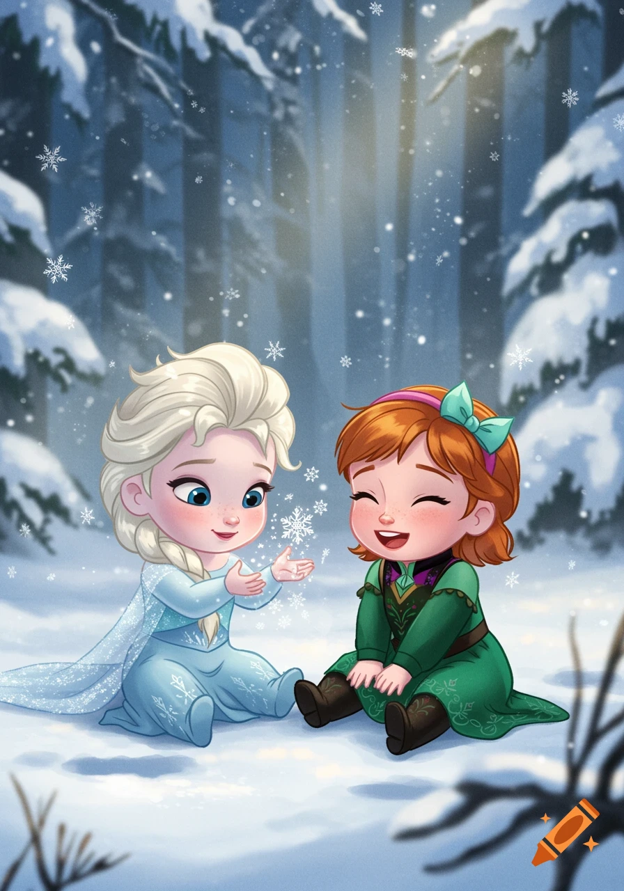 Chibi Elsa and Anna from Frozen as toddlers, sitting in a snowy forest,  playing with magical snowflakes. Cartoon style. on Craiyon, image size:896x1280