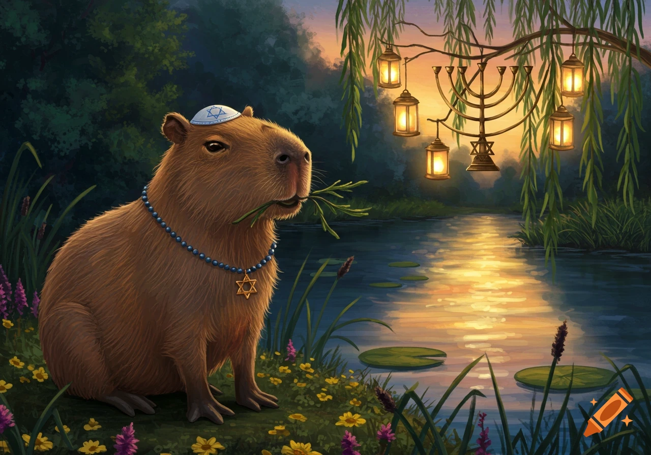 A whimsical capybara wearing a kippah and a Star of David necklace eats a branch by a moonlit river with a menorah hanging from a willow tree.