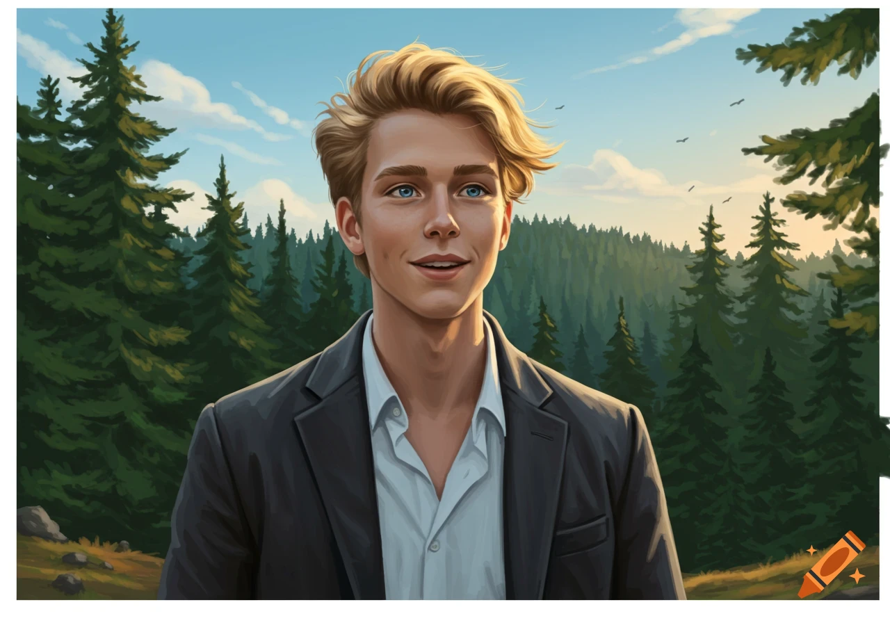Digital illustration of a smiling young man with blonde hair and blue eyes, wearing a suit jacket, against a pine forest background.