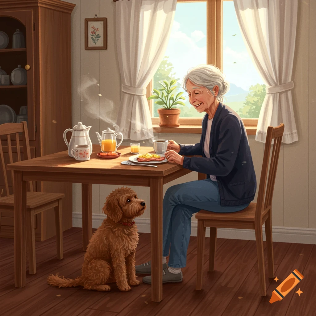 An old lady with short gray hair has breakfast with her caramel labradoodle in a cozy, sunlit dining room, illustration style.