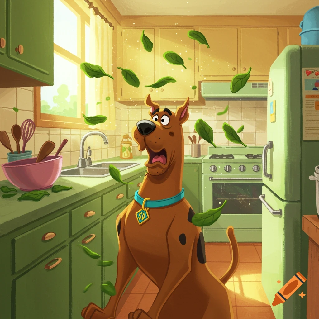 Cartoon Scooby-Doo looks shocked in a kitchen as spinach leaves fly everywhere.