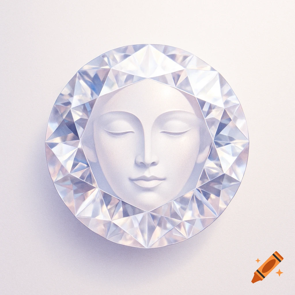 Stylized white face with closed eyes inside a sparkling diamond, against a light background.