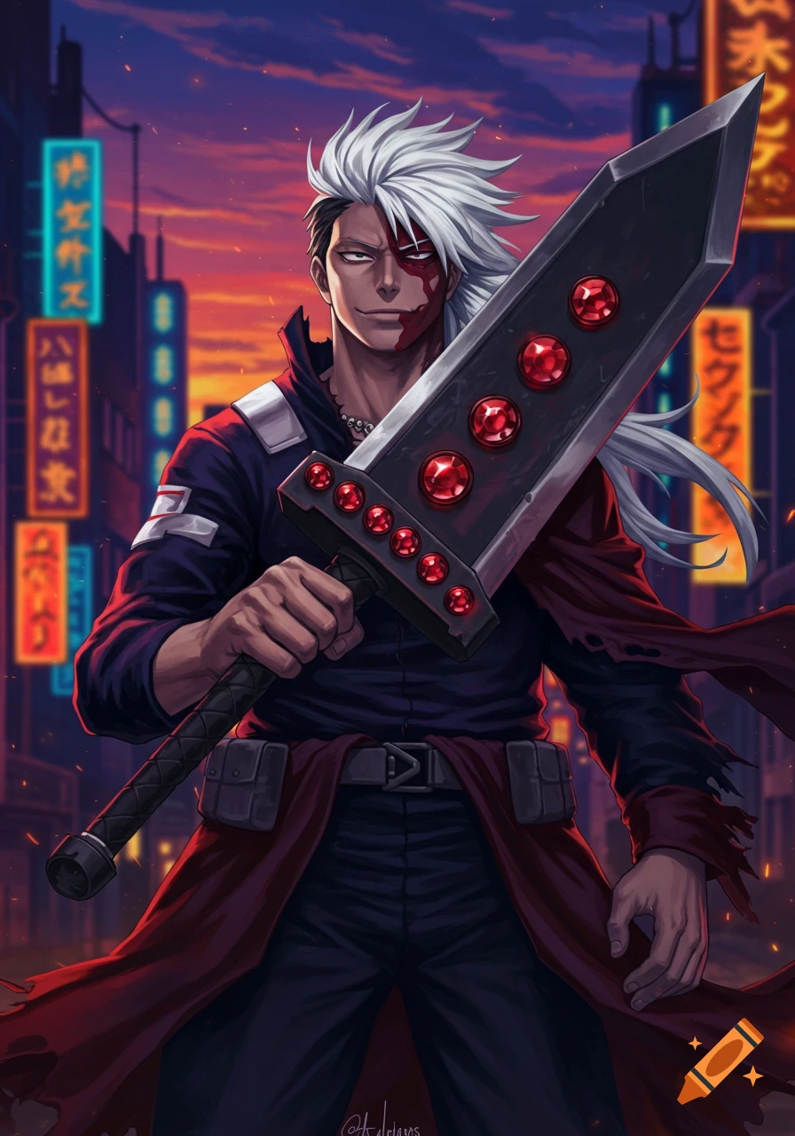 A white-haired anime character with a scarred face, wearing a dark blue jacket and red cape, stands holding a large sword adorned with red rubies. Neon signs illuminate the urban background at sunset.