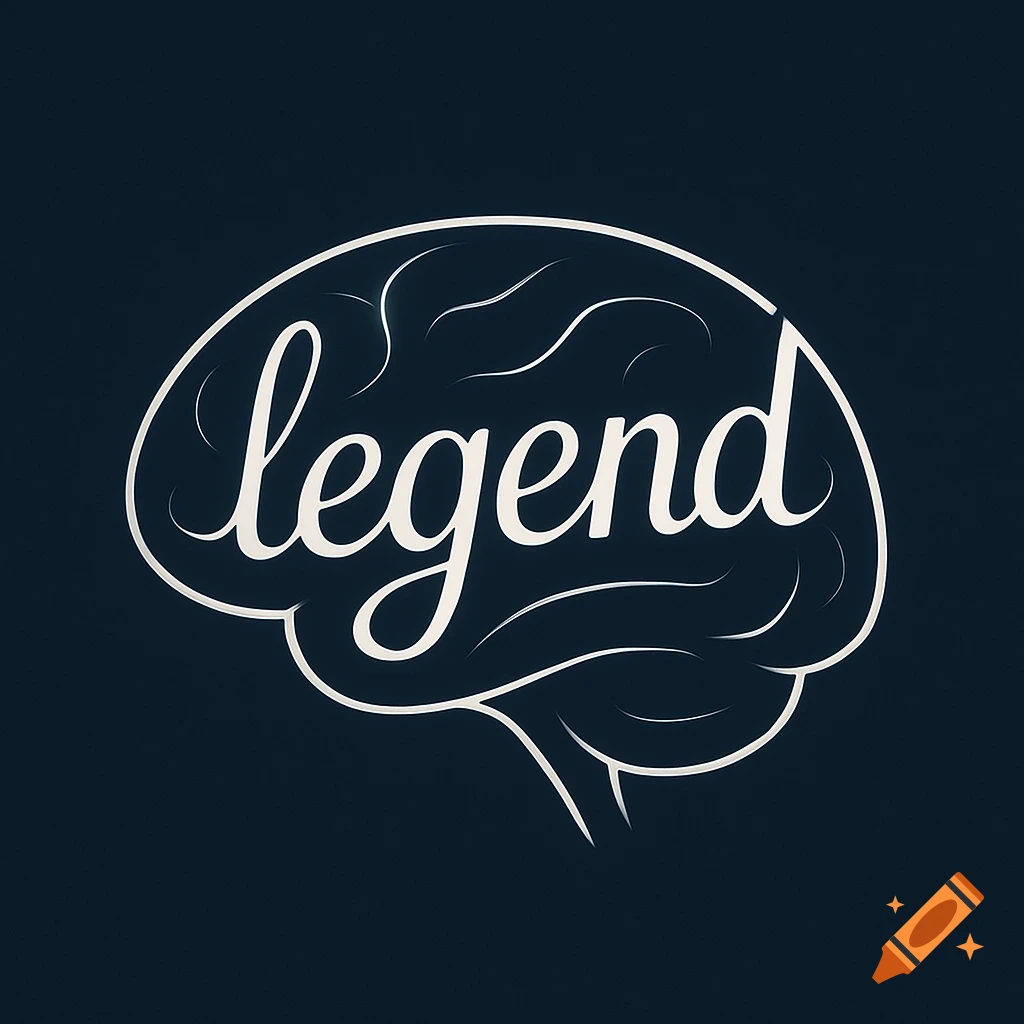 Stylized white outline of a brain with the word 'legend' in script font inside, on a dark blue background.