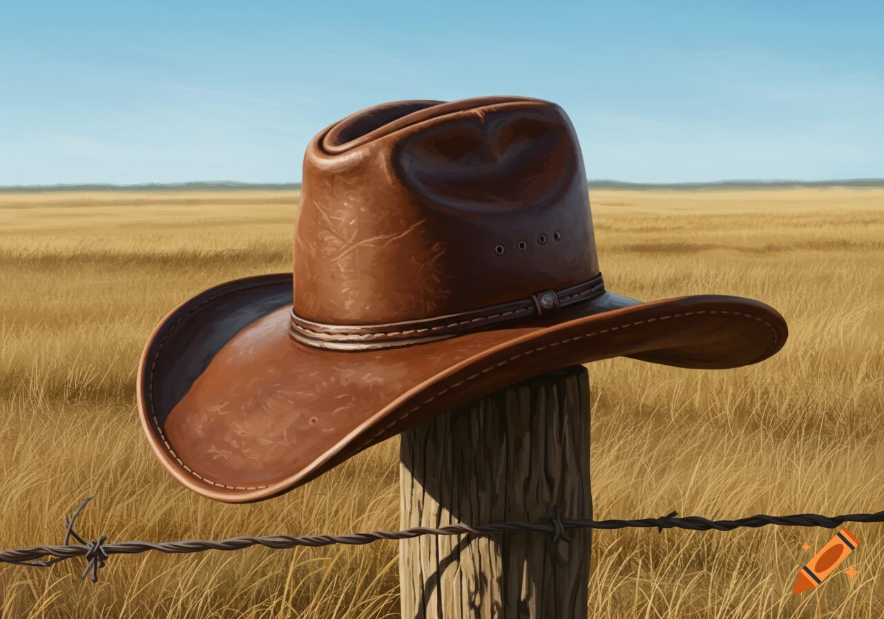 A weathered brown leather cowboy hat rests on a wooden fence post in a golden, sunlit field under a blue sky.