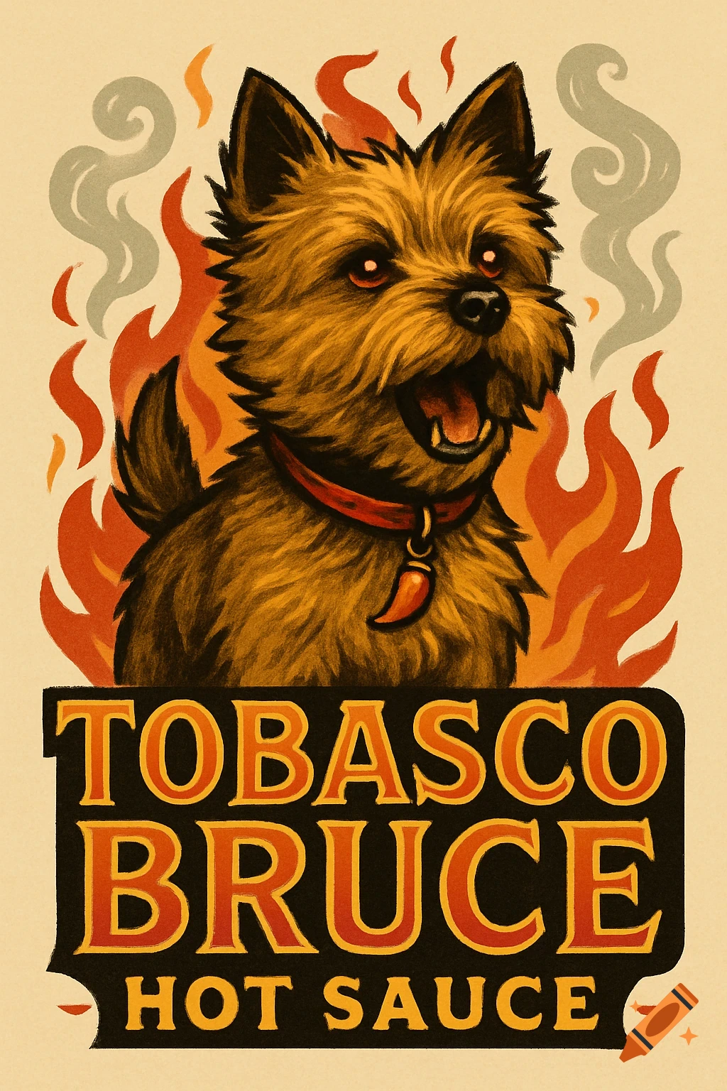 Stylized illustration of a fiery brown terrier with a red collar and a chili pendant, standing over 'TOBASCO BRUCE HOT SAUCE' text.