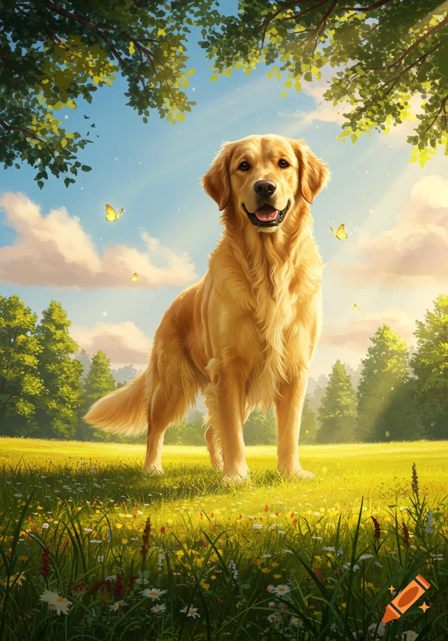 A happy Golden Retriever stands in a sunny, wildflower-filled meadow under green tree branches and a blue sky with light clouds, with butterflies flying around.