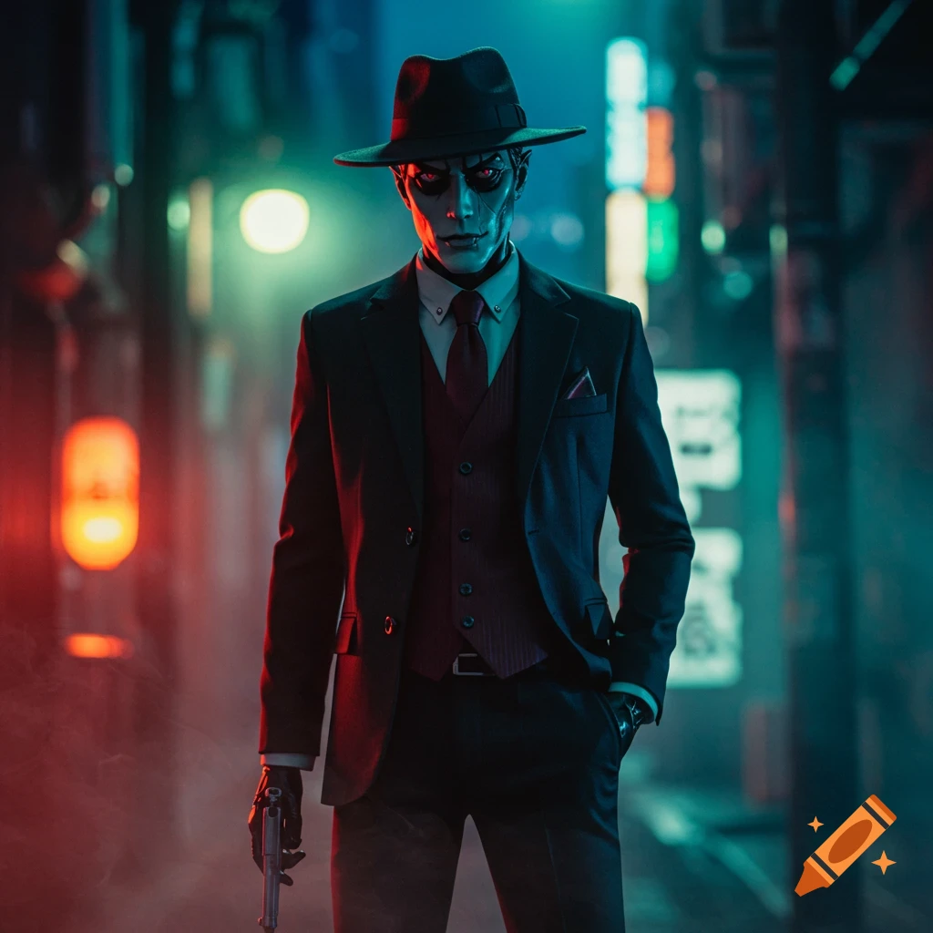 Pale-skinned man in a suit and fedora stands in a neon-lit alley, holding a handgun, in a dark cyberpunk-noir style.