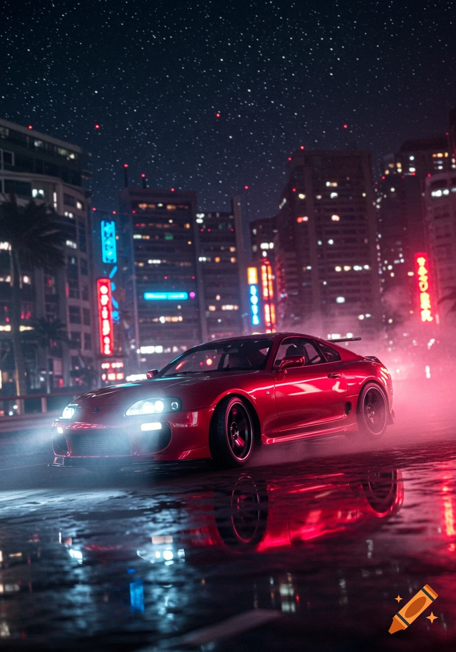 A red Toyota Supra sports car sits on a wet city street at night, with bright headlights and neon reflections.