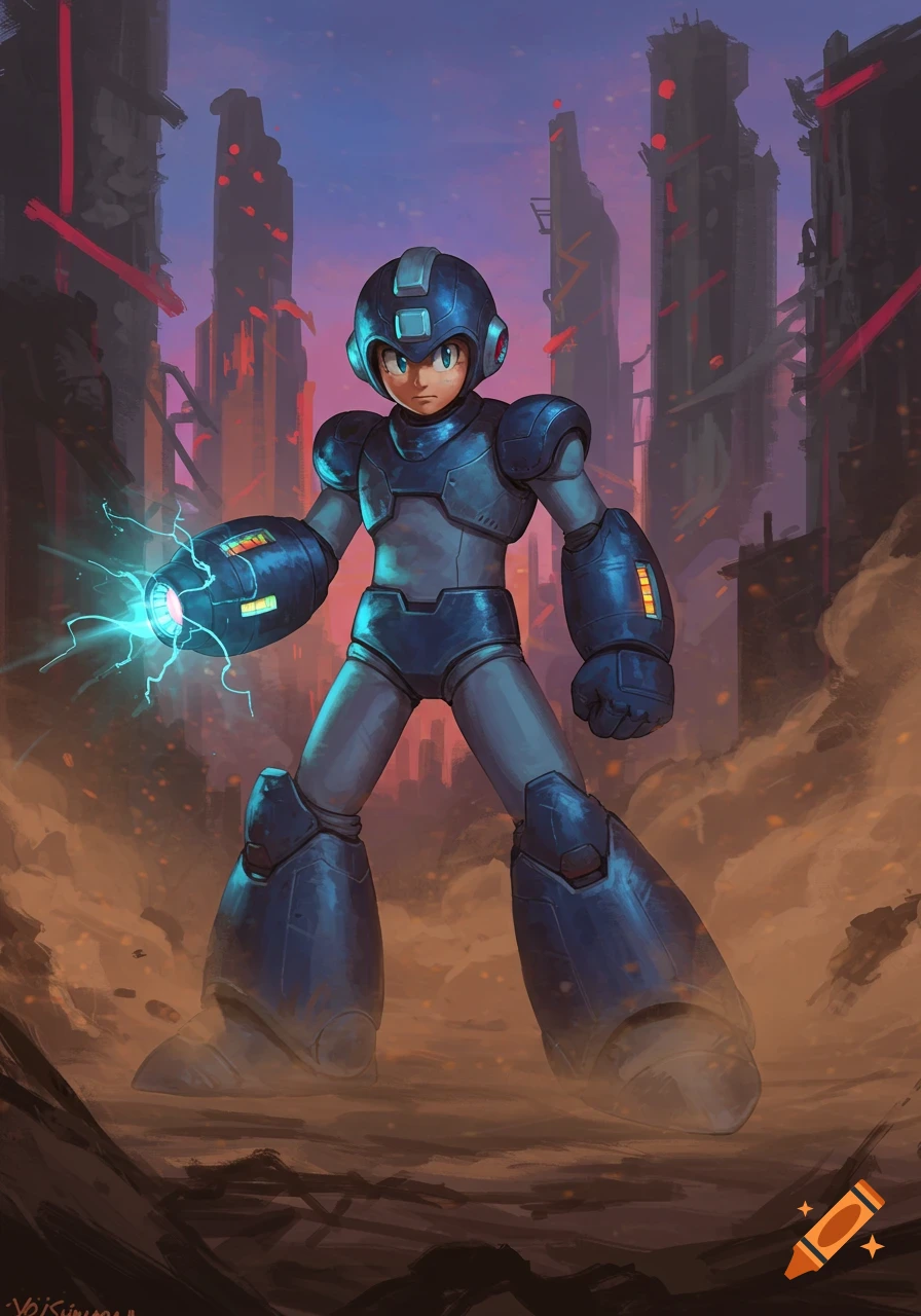 Mega Man in blue armor stands in a ruined city, charging a bright blue energy blast in his arm cannon.