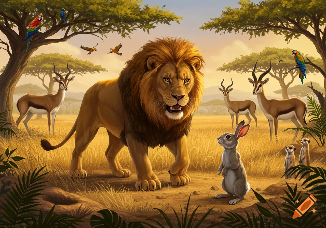 An illustrative image of a large lion facing a small rabbit in a savanna, with gazelles, meerkats, and birds in the background.