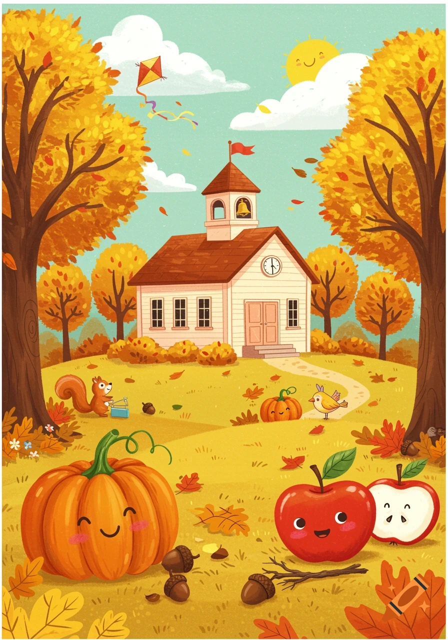 Cheerful autumn illustration of a school with a squirrel, pumpkins, a bird, and falling leaves.