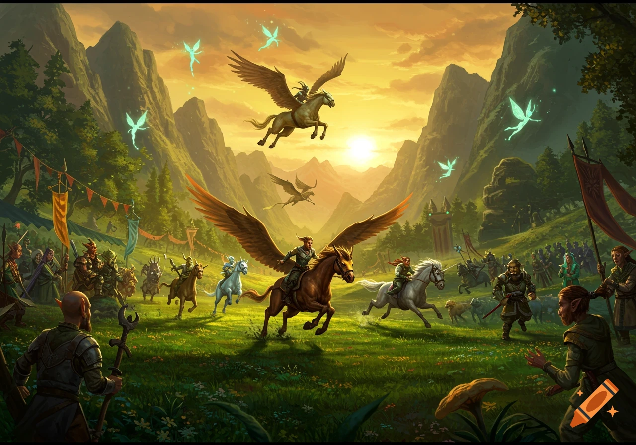 A vibrant fantasy scene depicts riders on winged pegasi and unicorns, with other fantasy races and glowing fairies in a lush mountain valley at sunset.