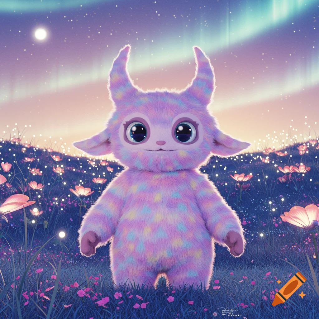 A fluffy, pink and purple patterned creature with large eyes and horns stands in a magical field of glowing flowers under an aurora sky.