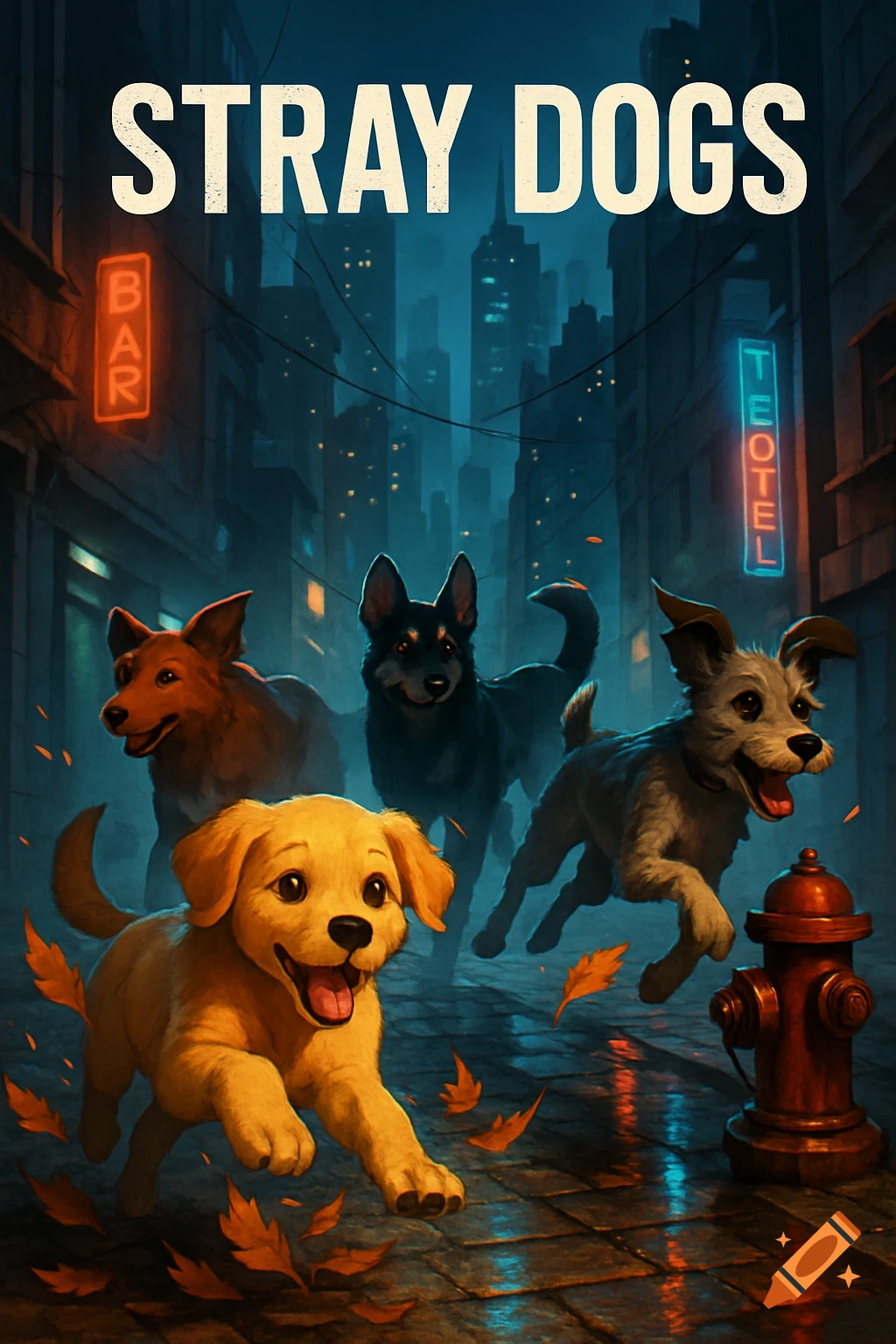 Stylized poster of four happy, running dogs in a dark, rainy city street with neon signs and fall leaves.