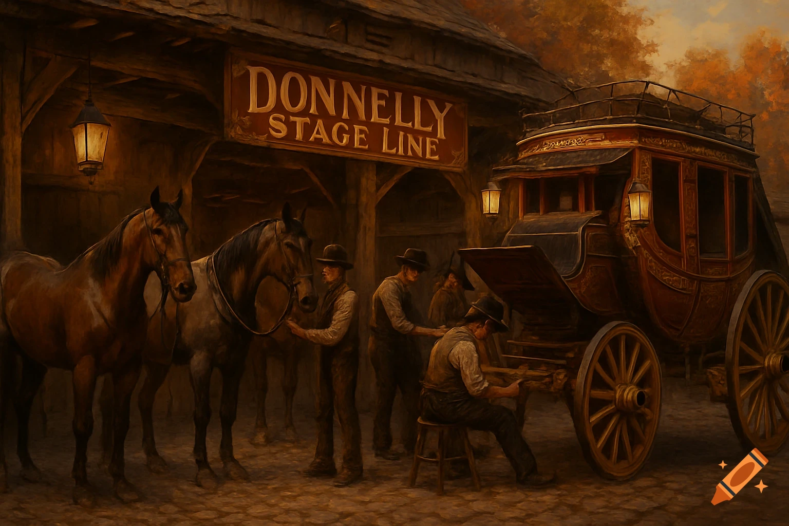 A painterly depiction of a 19th-century stagecoach station, with men preparing horses and a stagecoach under a 'Donnelly Stage Line' sign.