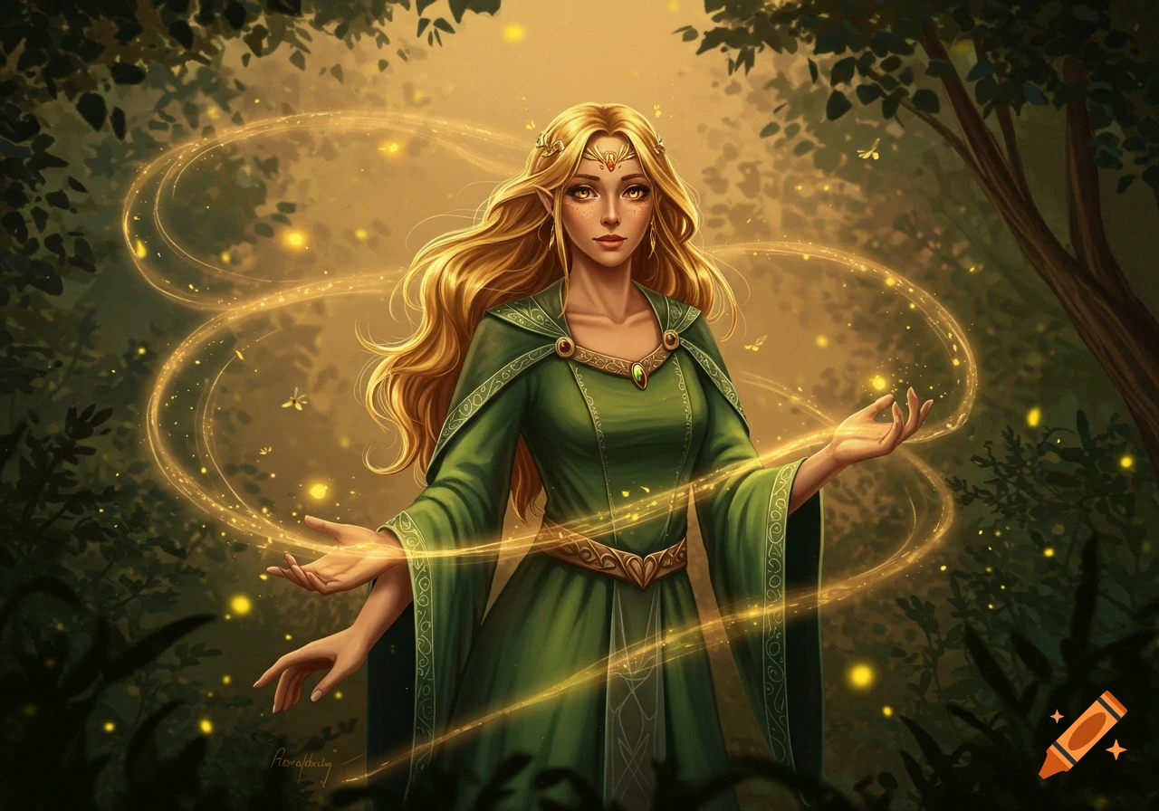 A blonde elf in a green dress conjures golden magic and fireflies in a mystical forest, fantasy art.