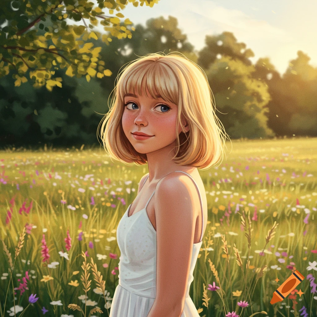 An illustrated blonde girl with bangs in a white dress stands in a sunny, flower-filled meadow.
