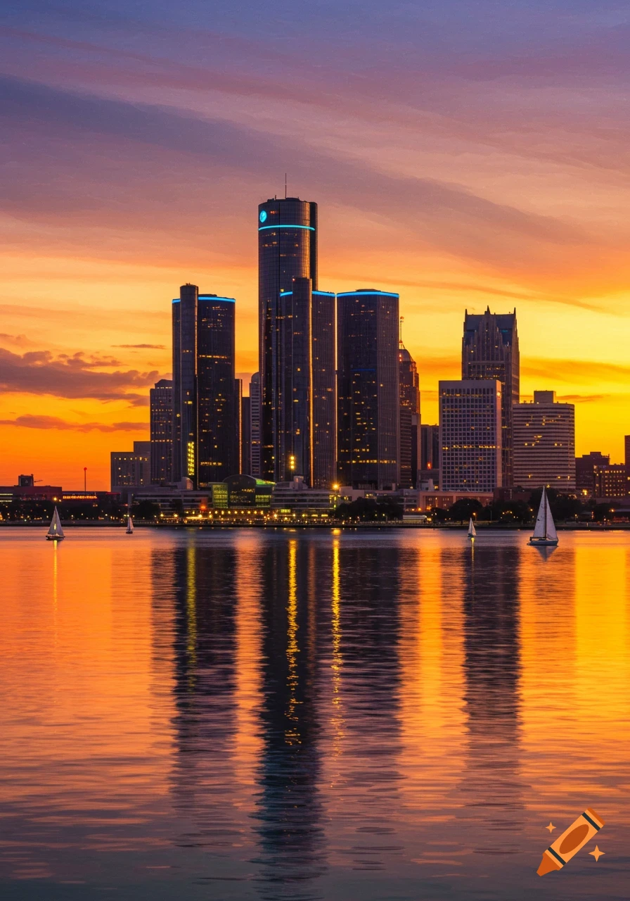 Photorealistic Detroit cityscape at sunset, with tall buildings reflected in the water, and sailboats.