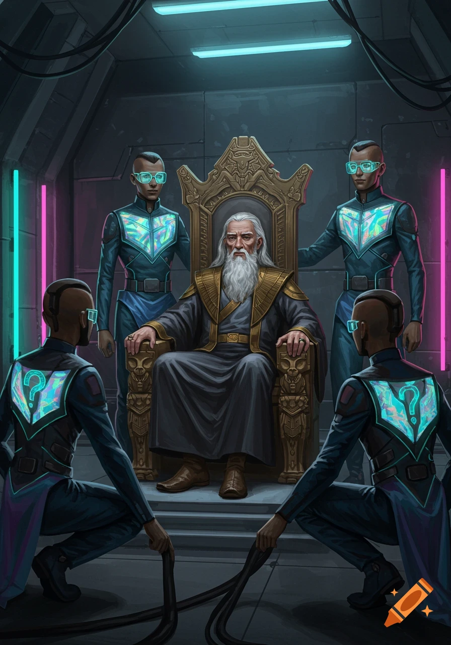 An old man with a long white beard sits on an ornate golden throne, flanked by four figures in iridescent futuristic suits.