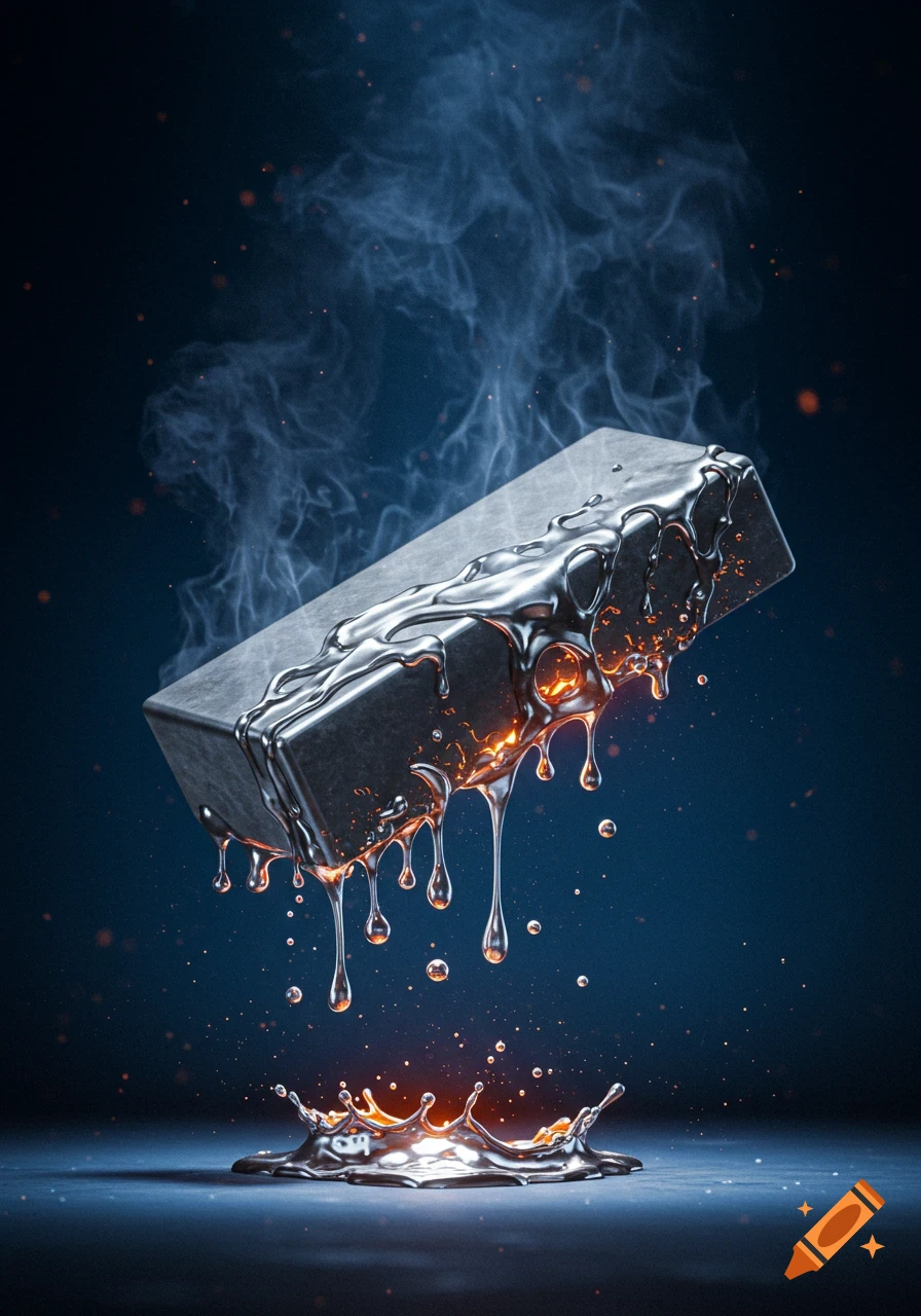 Photorealistic image of a dark metal bar with molten silver dripping off, splashing onto a surface, surrounded by steam and sparks.