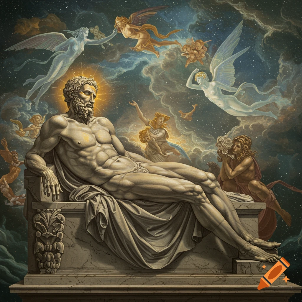 A muscular, bearded god with a halo reclines on a stone plinth, surrounded by flying angels in a classical painting style.