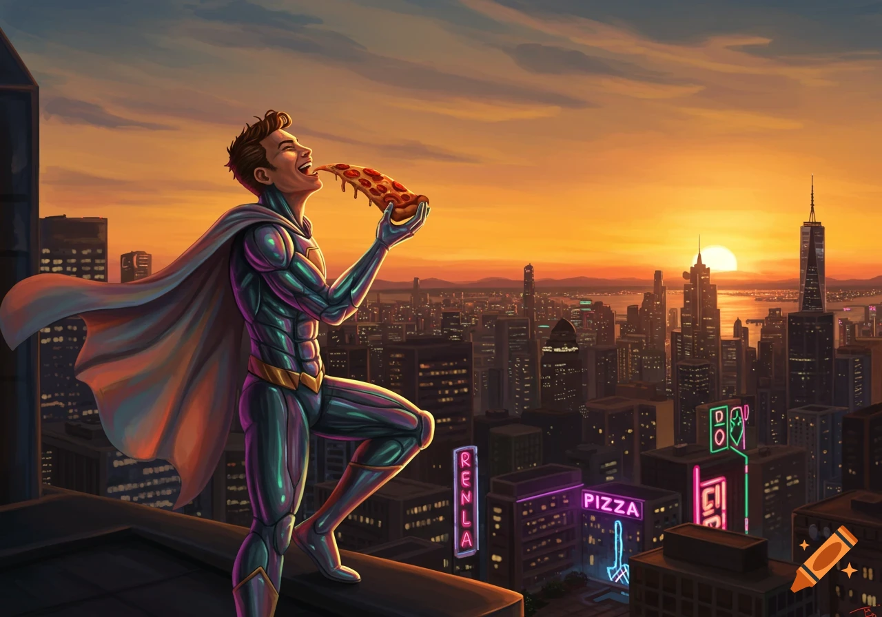 A superhero in a blue and green suit with a flowing cape joyfully eats a slice of pizza on a city rooftop at sunset.