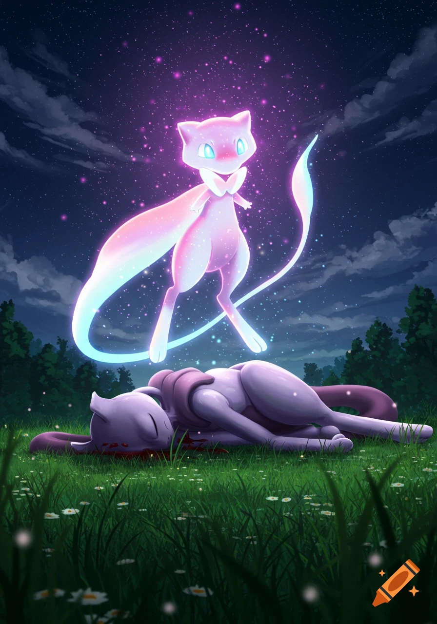 Pokemon Mew sitting in a lush forest on Craiyon, image size:896x1280