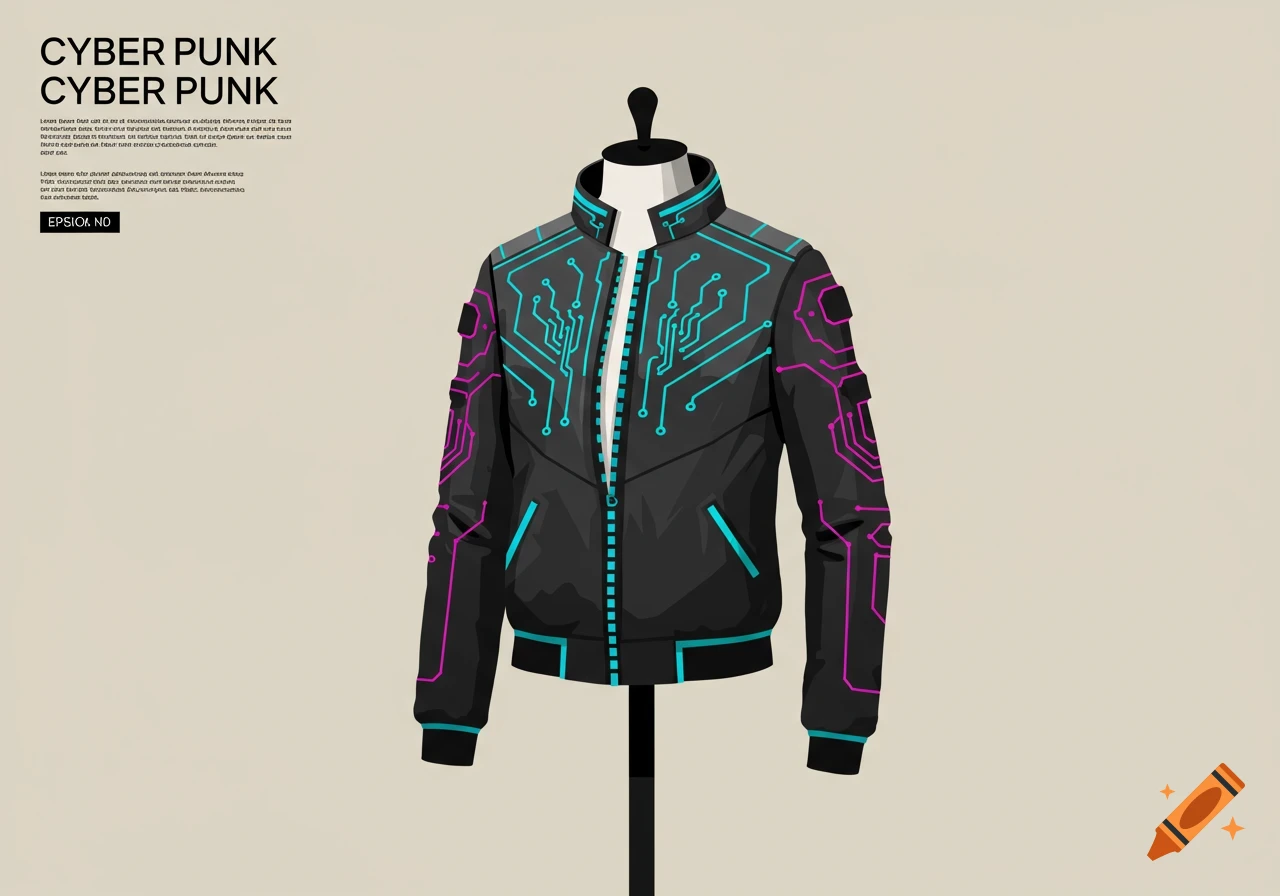 Stylized black bomber jacket with glowing blue and pink circuit board patterns on a mannequin.