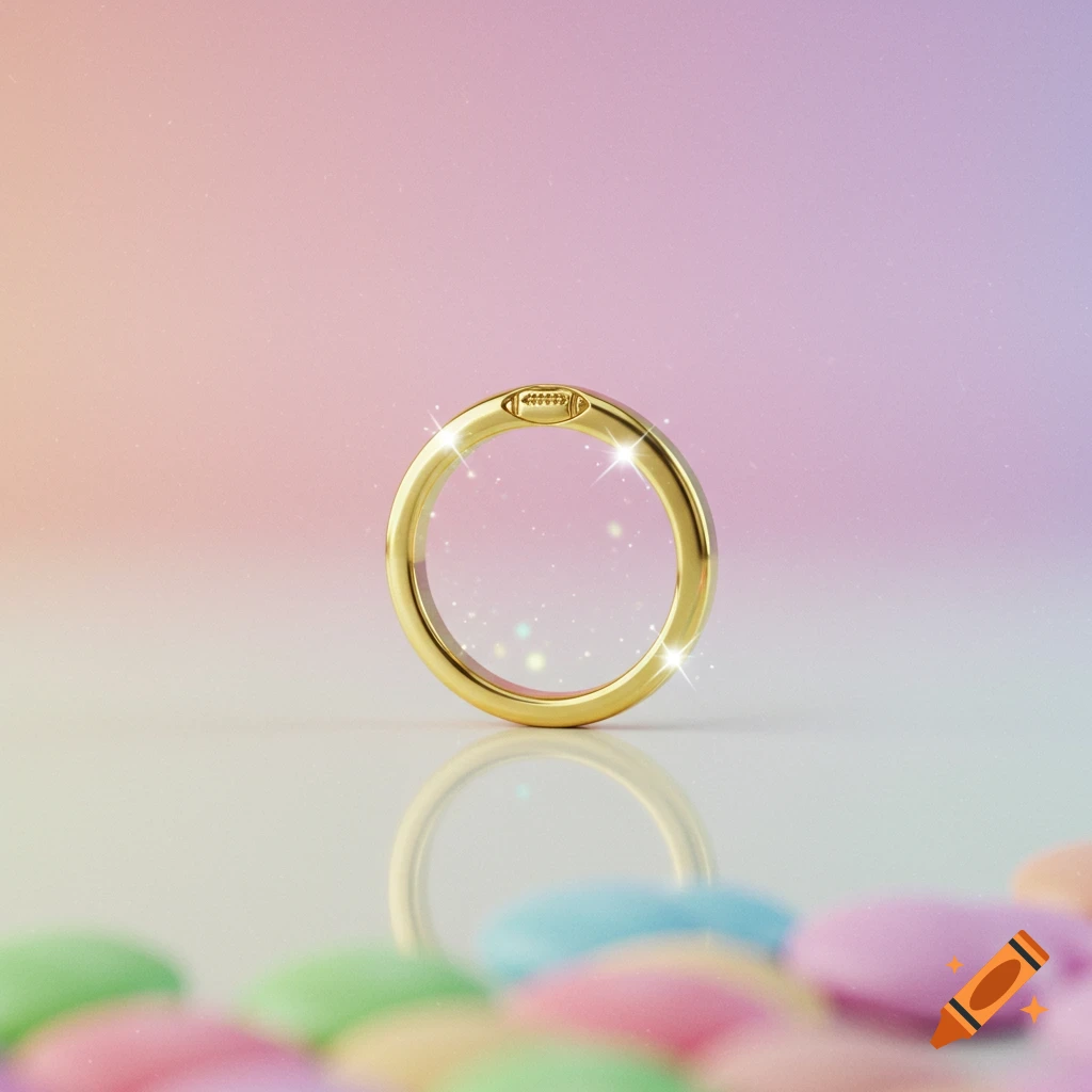 Shiny gold ring with a football engraving, on a reflective surface with blurred pastel candies.