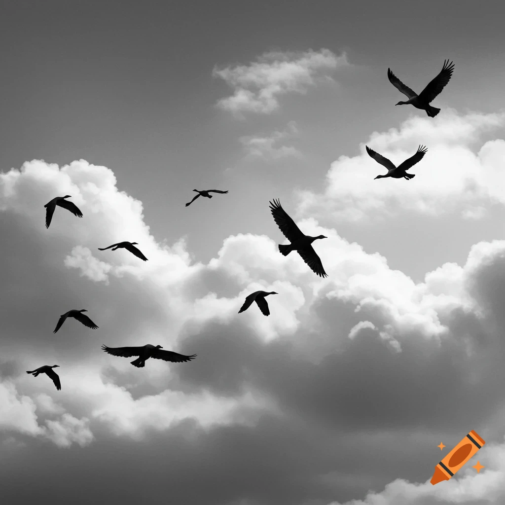 Multiple black silhouetted birds soar through a cloudy black and white sky.
